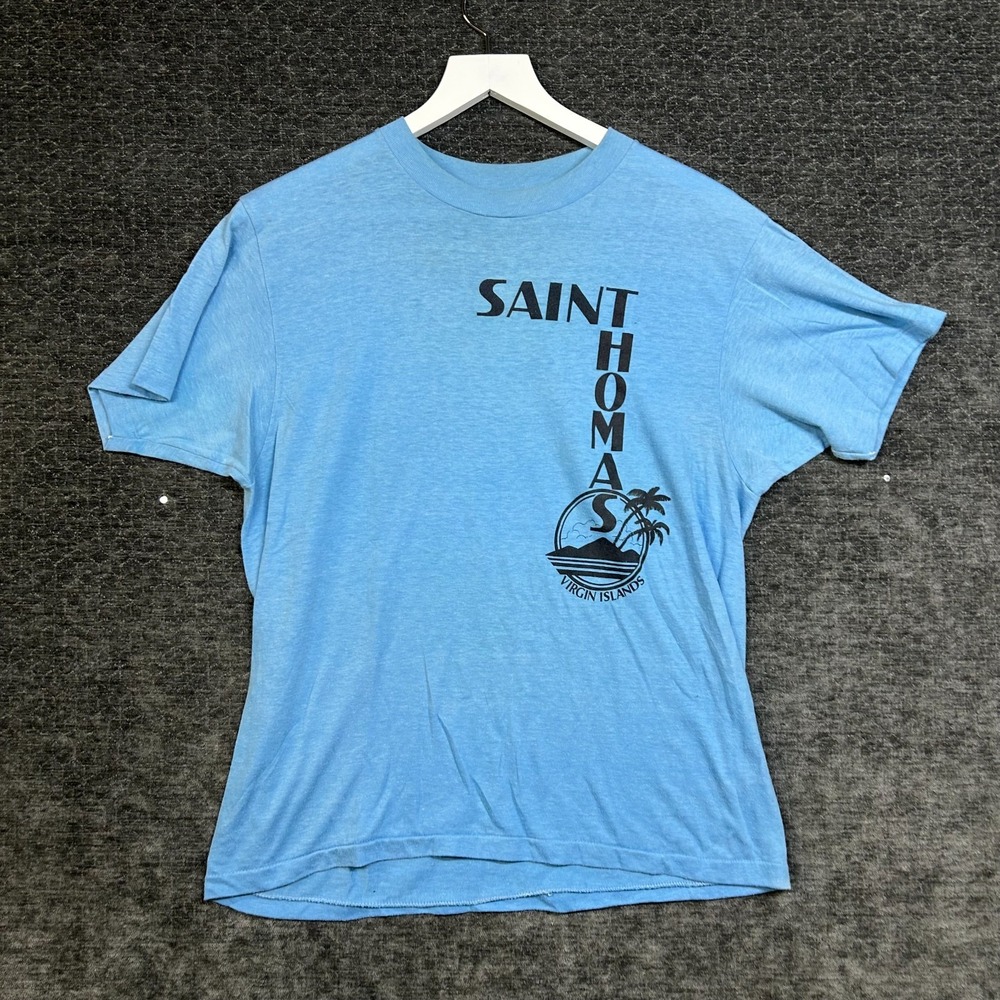 Vintage Hanes Fifty-Fifty Saint Thomas T-Shirt Men's Blue Graphic USA Made - L